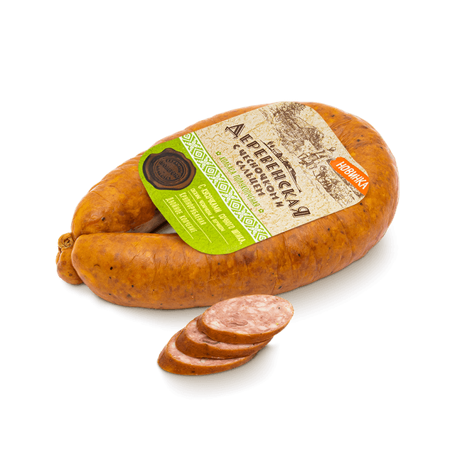 Деревенская с чесночком и сальцем п/к (черева) 390 гр.шт. термоус. пак.